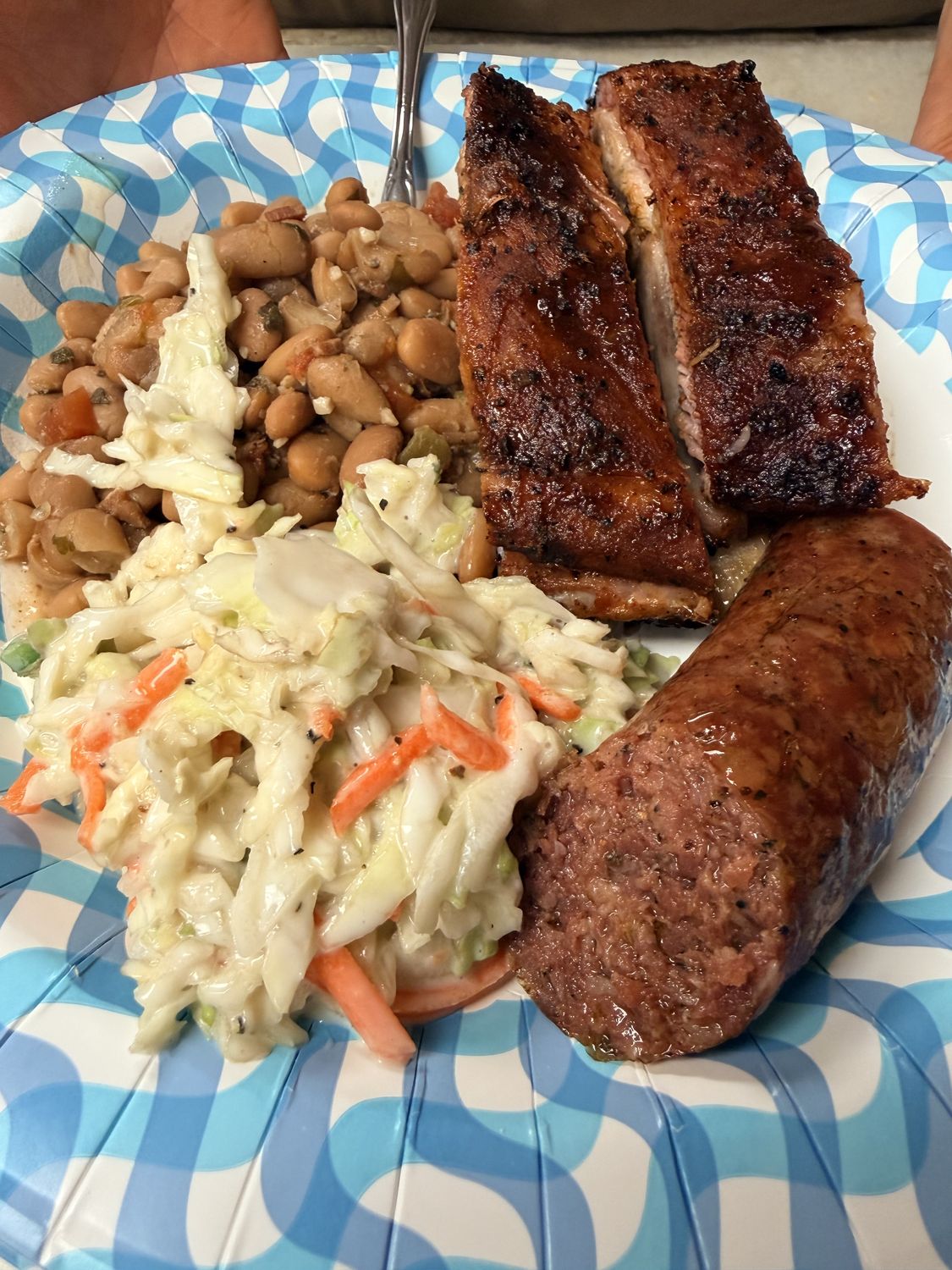 Ribs, sausage and slaw off the pit