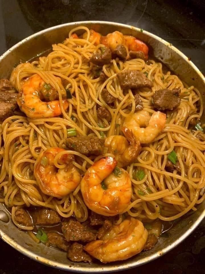 Shrimp pasta from the camp kitchen