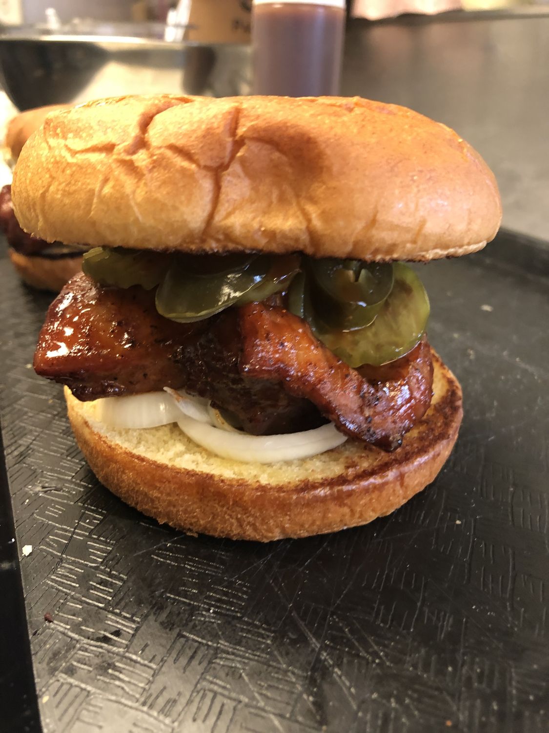 A camp burger stacked high