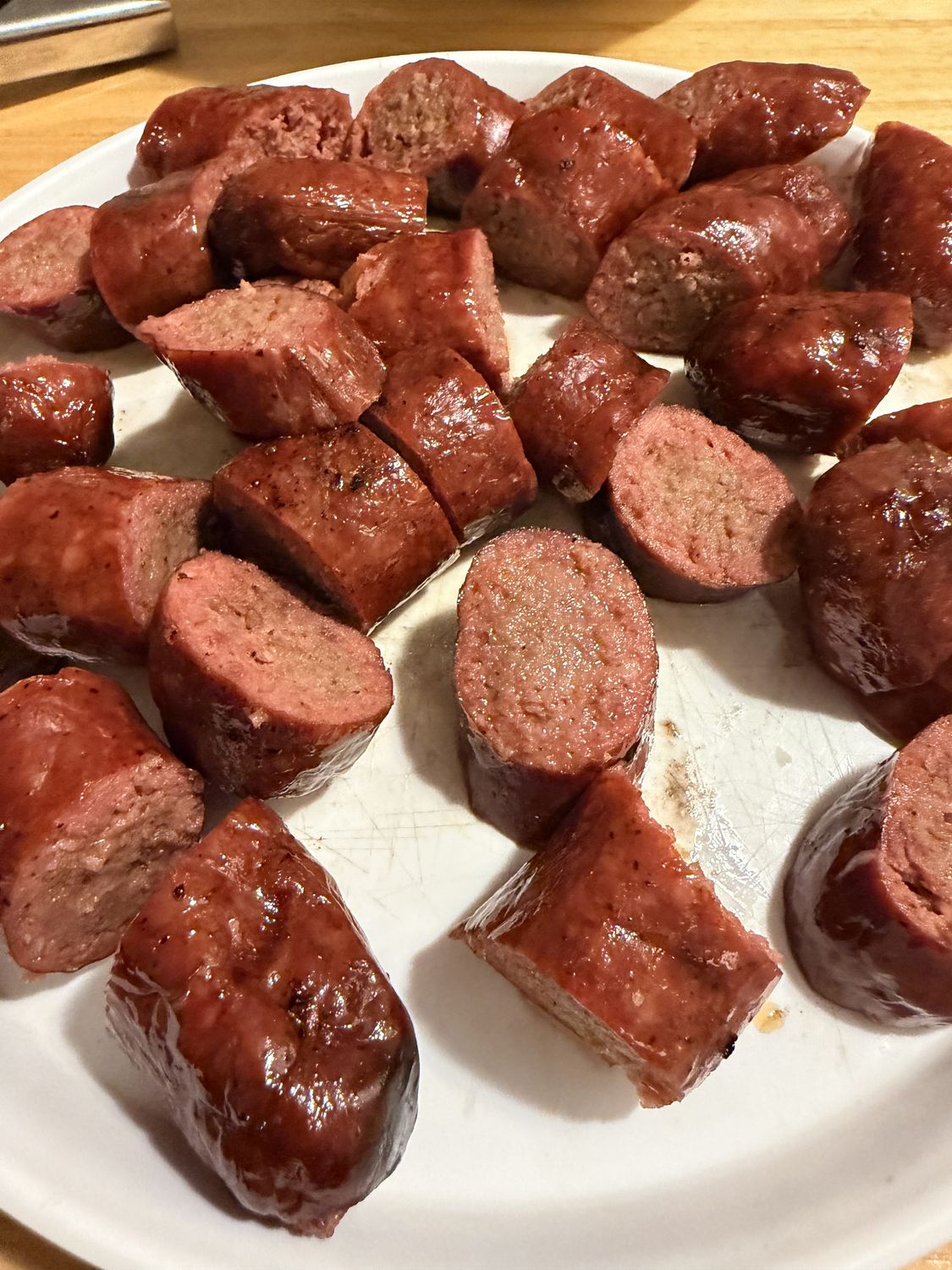 Smoked sausage sliced and ready
