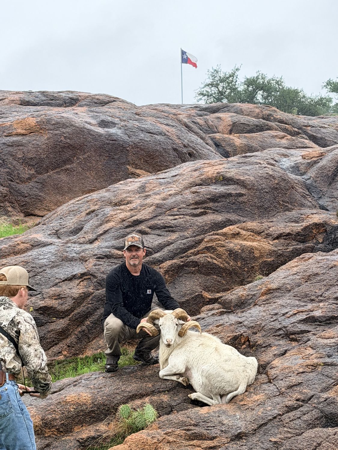 A hunter with a white Texas dall ram on the Hill Country granite